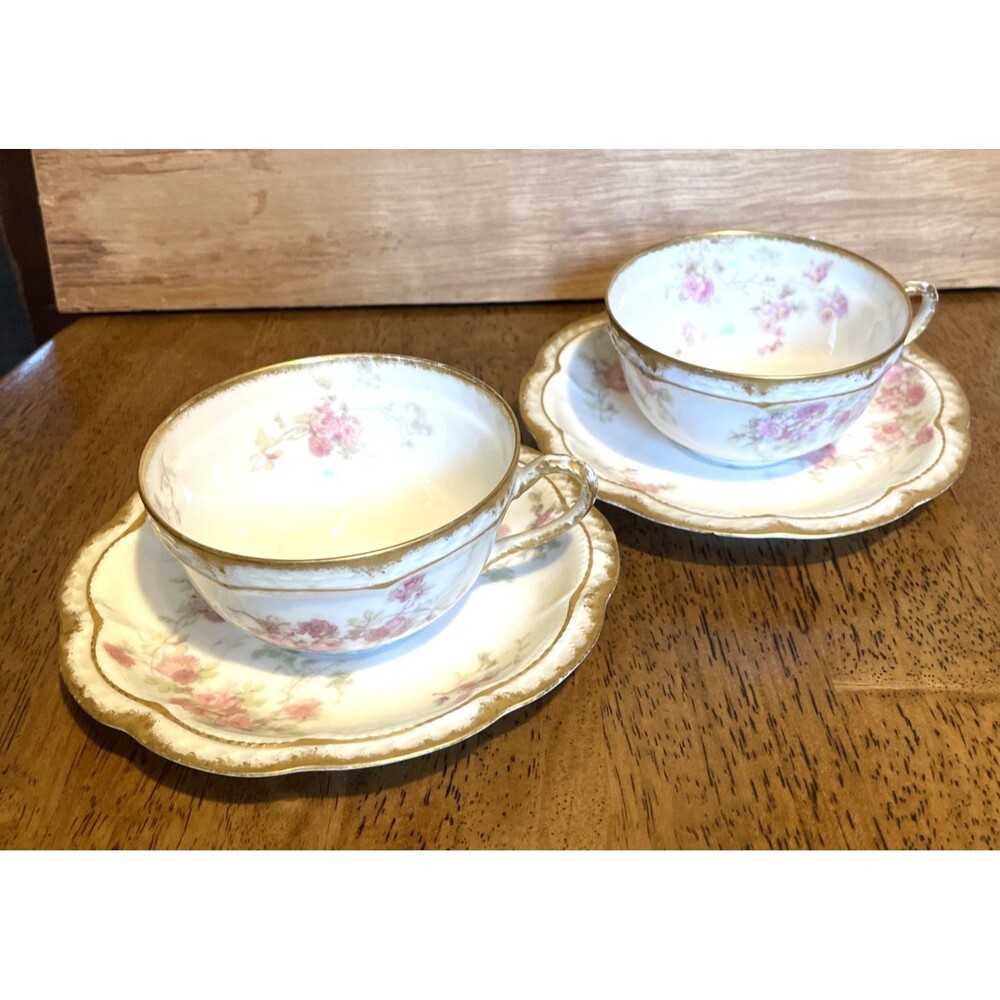 2 Antique Theodore Haviland Tea Cup Saucer Roses Limoge France